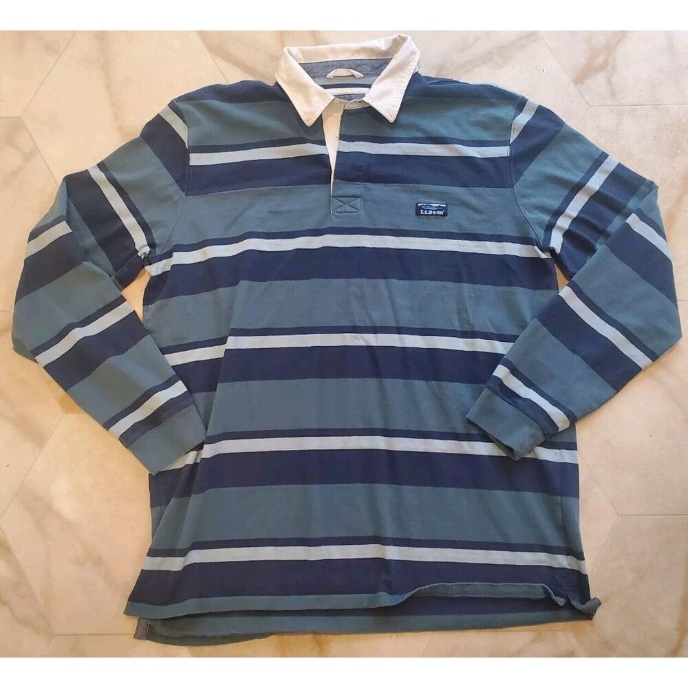 LL Bean Polo Shirt Mens XLT Tall Striped Rugby Heavyweight Cotton Long Sleeve